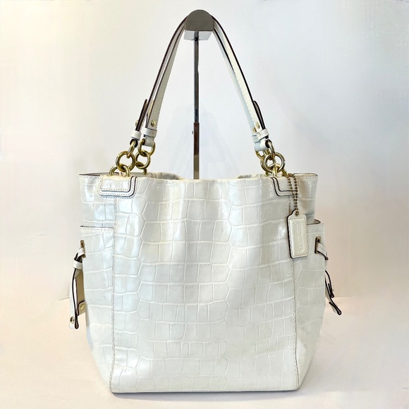 Coach Croc Embossed Tote White Ivory Patent Leather Shoulder Bag - Picture 1 of 15